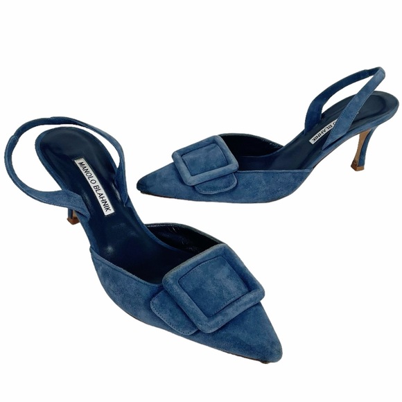 Manolo Blahnik Shoes - Manolo Blahnik Maysli Suede Slingback Kitten Heels Size 39.5 9-9.5  Blue